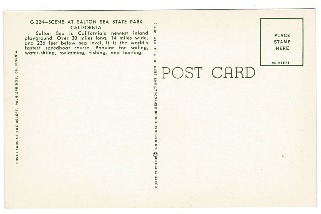 Back of a vintage postcard from Salton Sea, California with text and a stamp area.