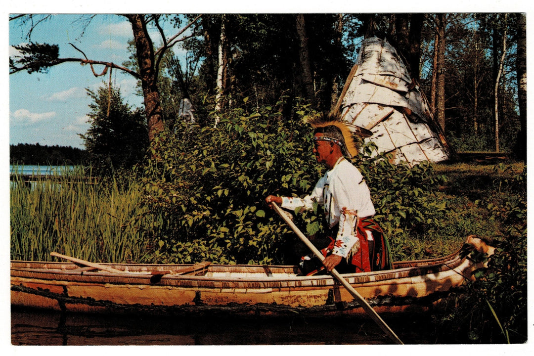 Native American Canoe Ride Chippewa Valley Wisconsin Vintage Postcard.