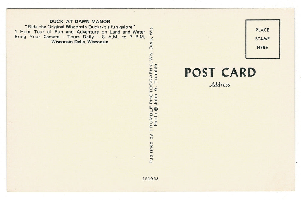 1960s Wisconsin Dells Ducks Tour at Dawn Manor Vintage Postcard, back view.