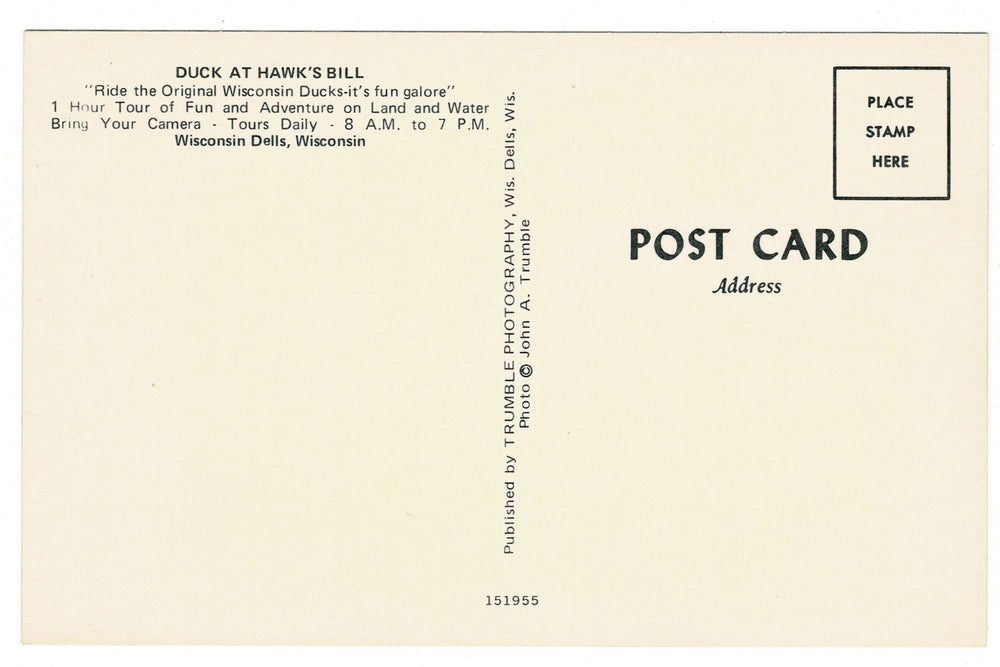 WWII Duck “Tarawa” on the Wisconsin River, The Dells Vintage Postcard, back view.