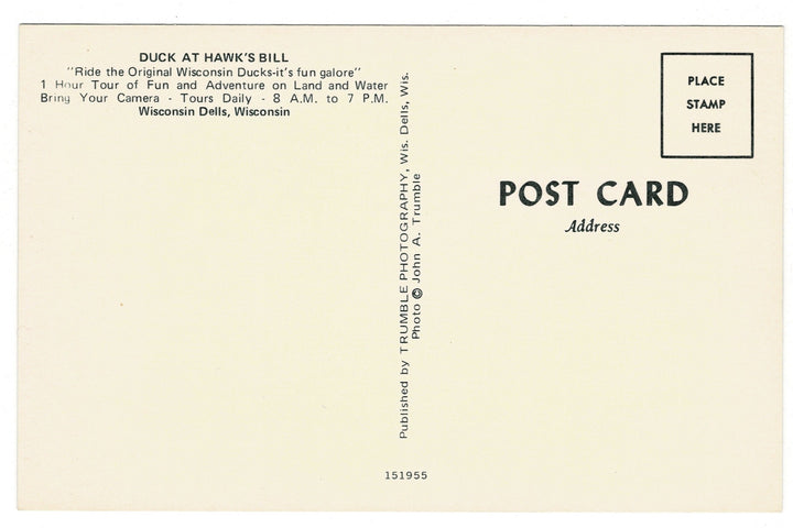WWII Duck “Tarawa” on the Wisconsin River, The Dells Vintage Postcard, back view.