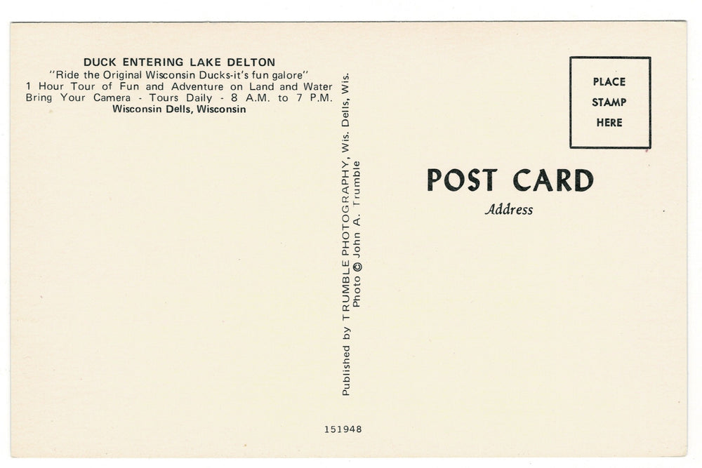 1960s Duck Splashdown at Lake Delton, Wisconsin Dells vintage postcard, back view.