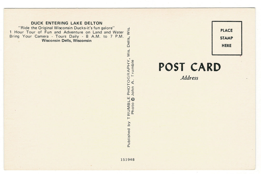 1960s Duck Splashdown at Lake Delton, Wisconsin Dells vintage postcard, back view.