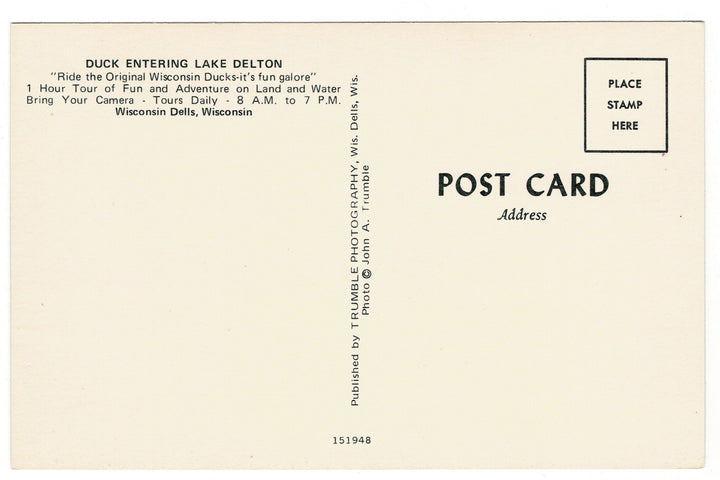 1960s Duck Splashdown at Lake Delton, Wisconsin Dells vintage postcard, back view.