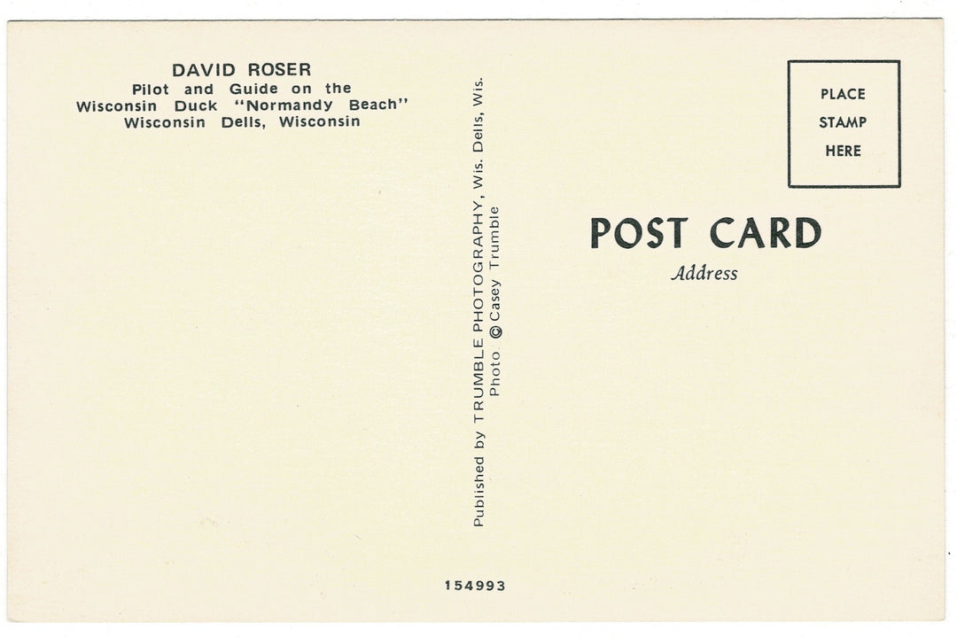Normandy Beach Duck Pilot David Roser Wisconsin Dells Vintage Postcard, back view.