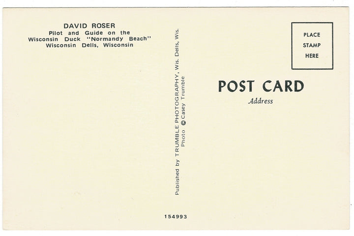 Normandy Beach Duck Pilot David Roser Wisconsin Dells Vintage Postcard, back view.
