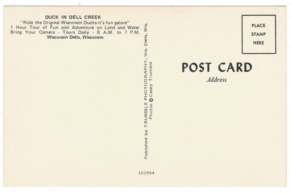 Miss Wisconsin Duck on Dell Creek, The Dells Vintage Postcard, back view.