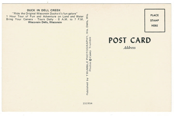 Miss Wisconsin Duck on Dell Creek, The Dells Vintage Postcard, back view.
