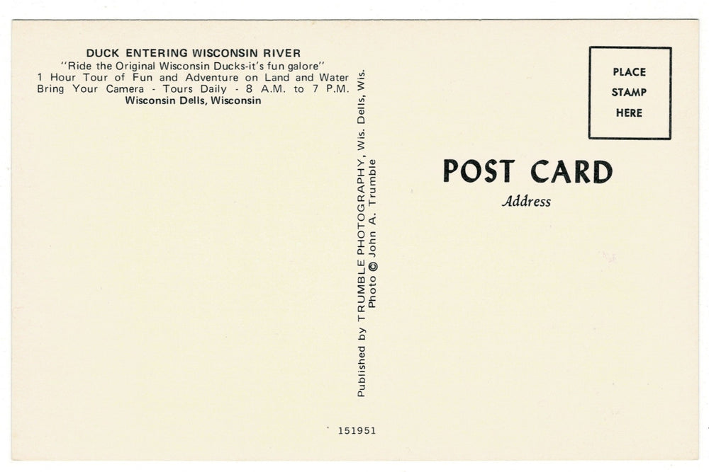 General Mac Arthur Duck, Wisconsin River, The Dells Vintage Postcard, back view.