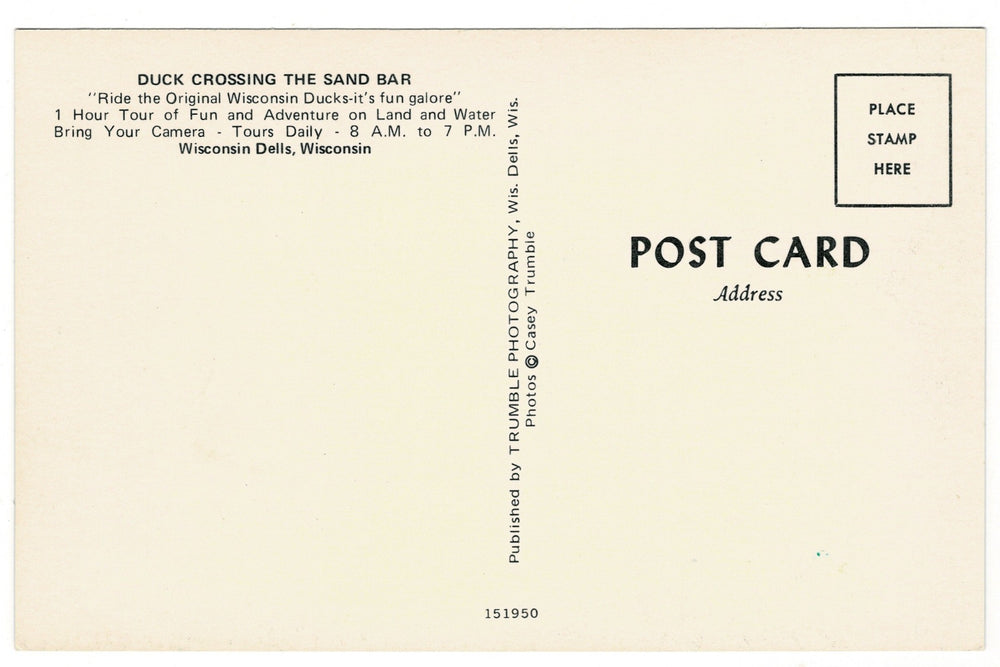 Amphibious Duck Crossing Sand Bar, Wisconsin Dells Vintage Postcard. back view.