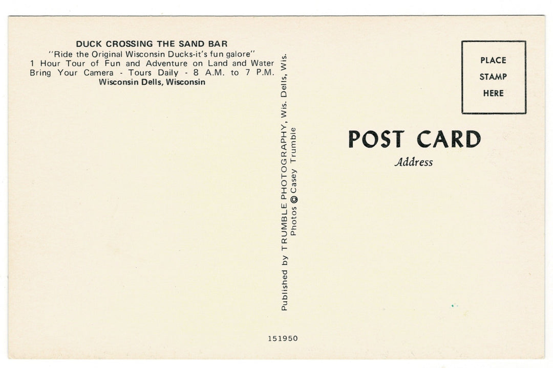 Amphibious Duck Crossing Sand Bar, Wisconsin Dells Vintage Postcard. back view.