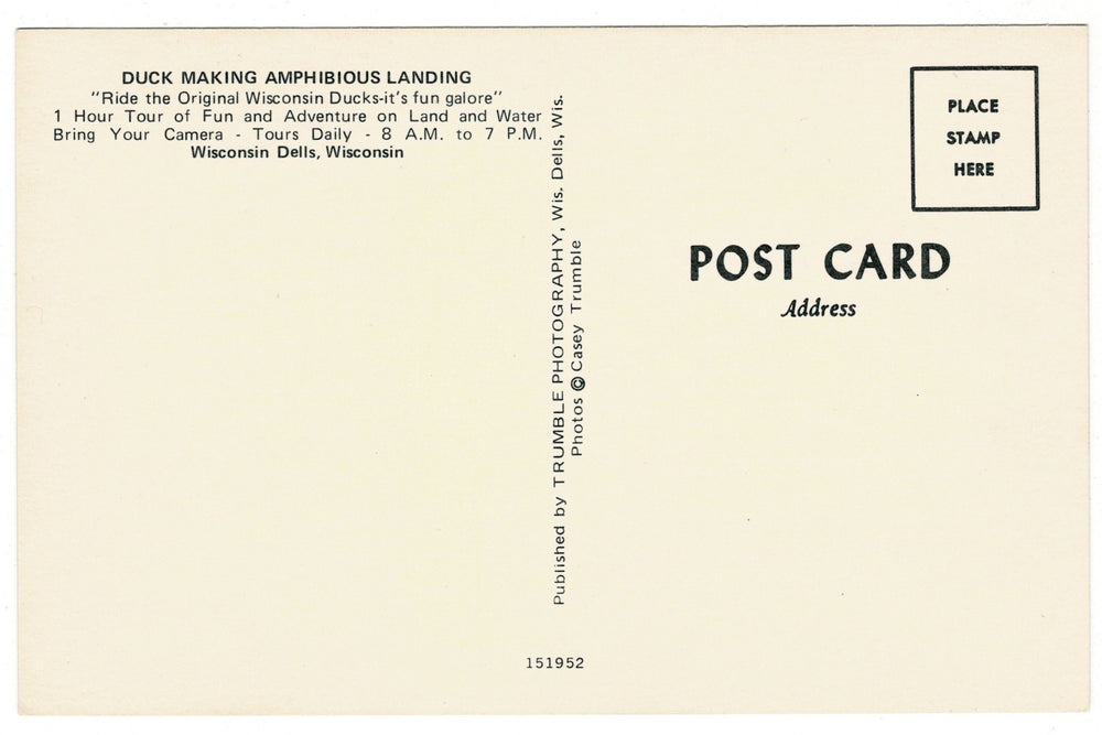 1960s WW2 Guabaecanal Duck, Wisconsin Dells Vintage Postcard, back view.