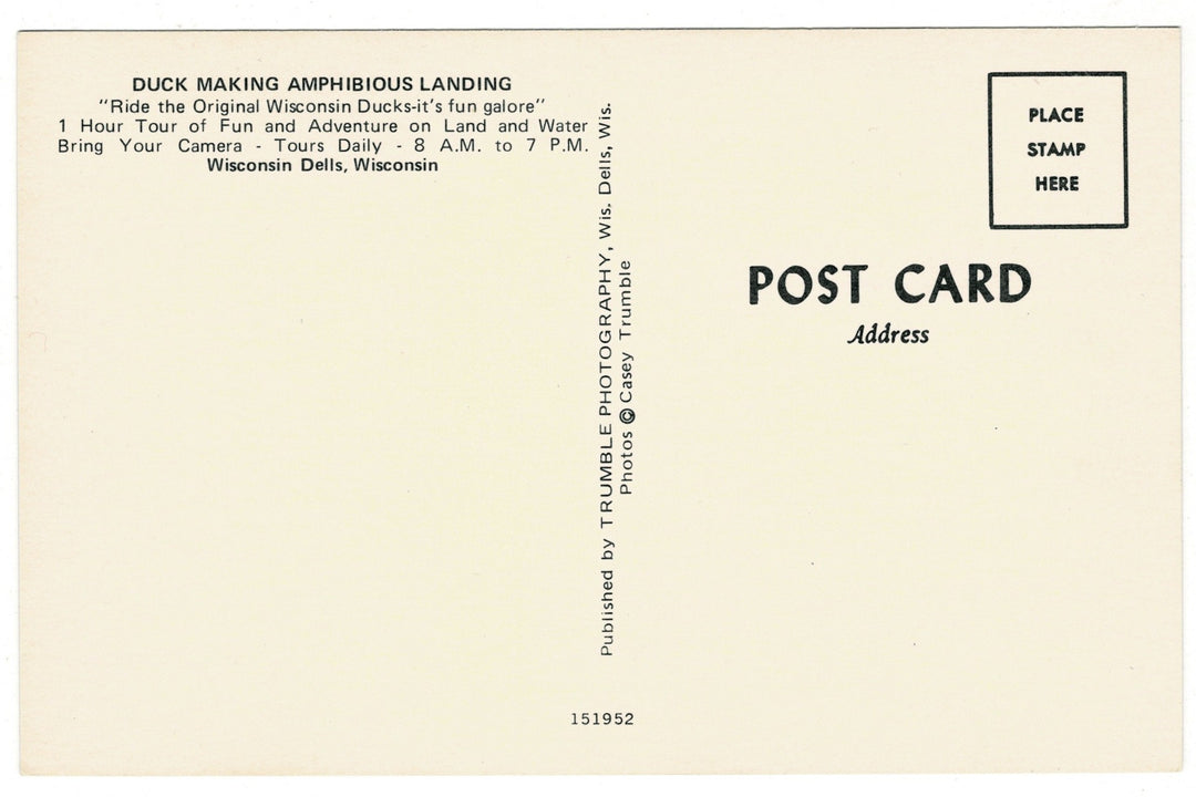 1960s WW2 Guabaecanal Duck, Wisconsin Dells Vintage Postcard, back view.