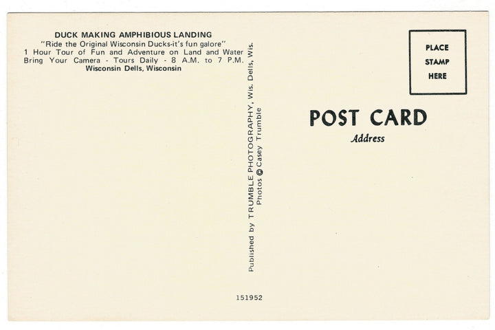 1960s WW2 Guabaecanal Duck, Wisconsin Dells Vintage Postcard, back view.