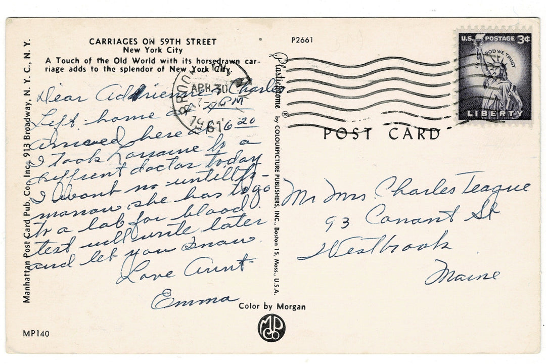 1961 Carriages at Grand Army Plaza, New York Vintage Postcard, back view.