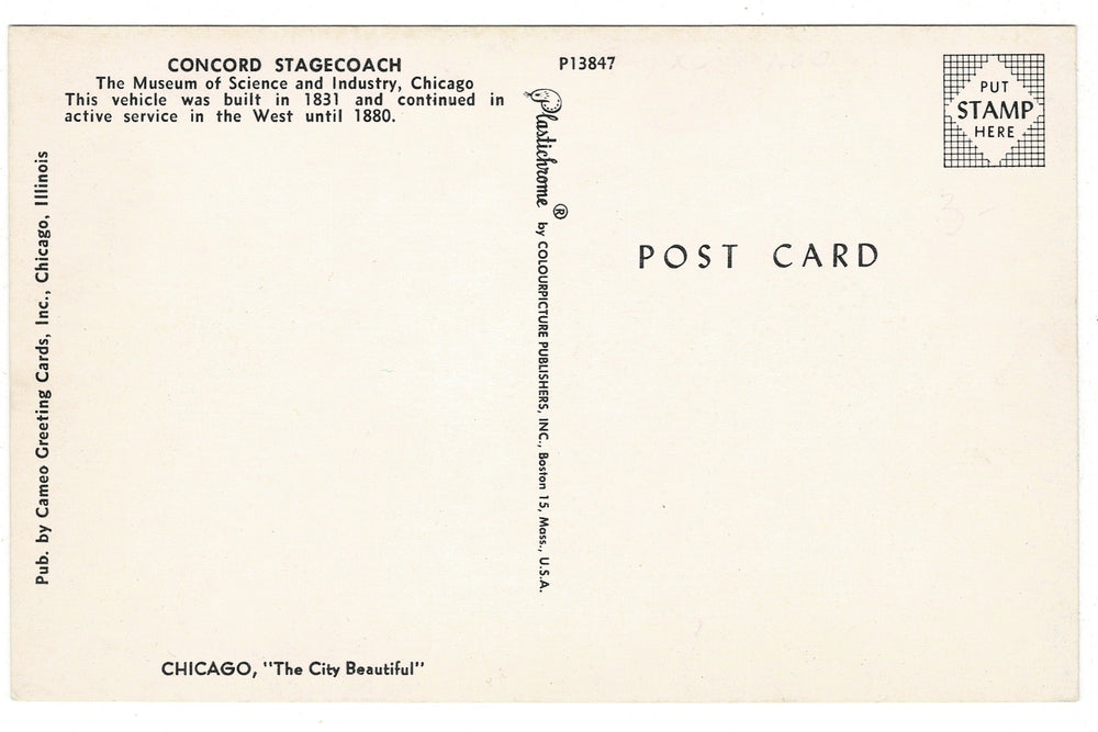  1960s Concord Stagecoach Vintage Postcard, back view.