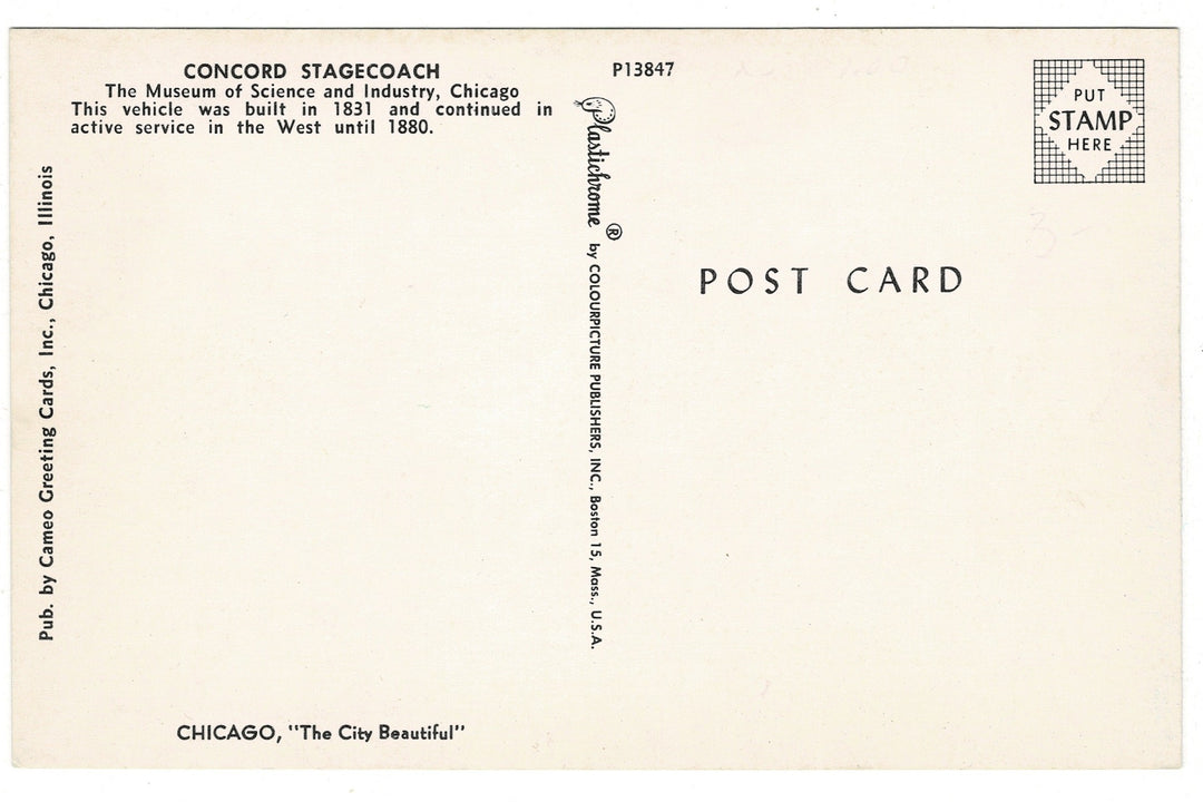  1960s Concord Stagecoach Vintage Postcard, back view.