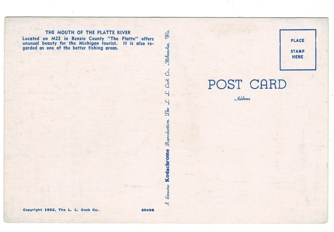  1952 Fishing at Mouth of Platte River Michigan Vintage Postcard, back view.