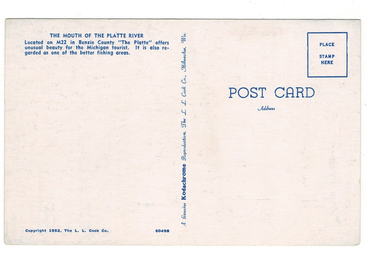  1952 Fishing at Mouth of Platte River Michigan Vintage Postcard, back view.