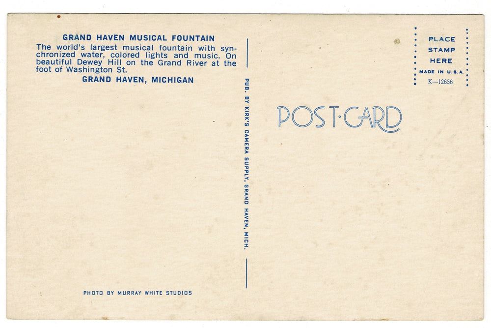 1962 Grand Haven Musical Fountain, Michigan Vintage Postcard, back view.