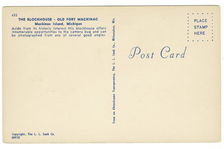 1950s Old Fort Mackinac Island, Michigan, Vintage Postcard, back view.
