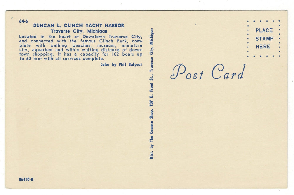 1960s Clinch Yacht Harbor Traverse City, Michigan Vintage Postcard, back view.