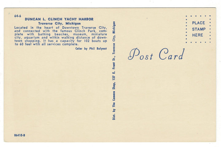 1960s Clinch Yacht Harbor Traverse City, Michigan Vintage Postcard, back view.