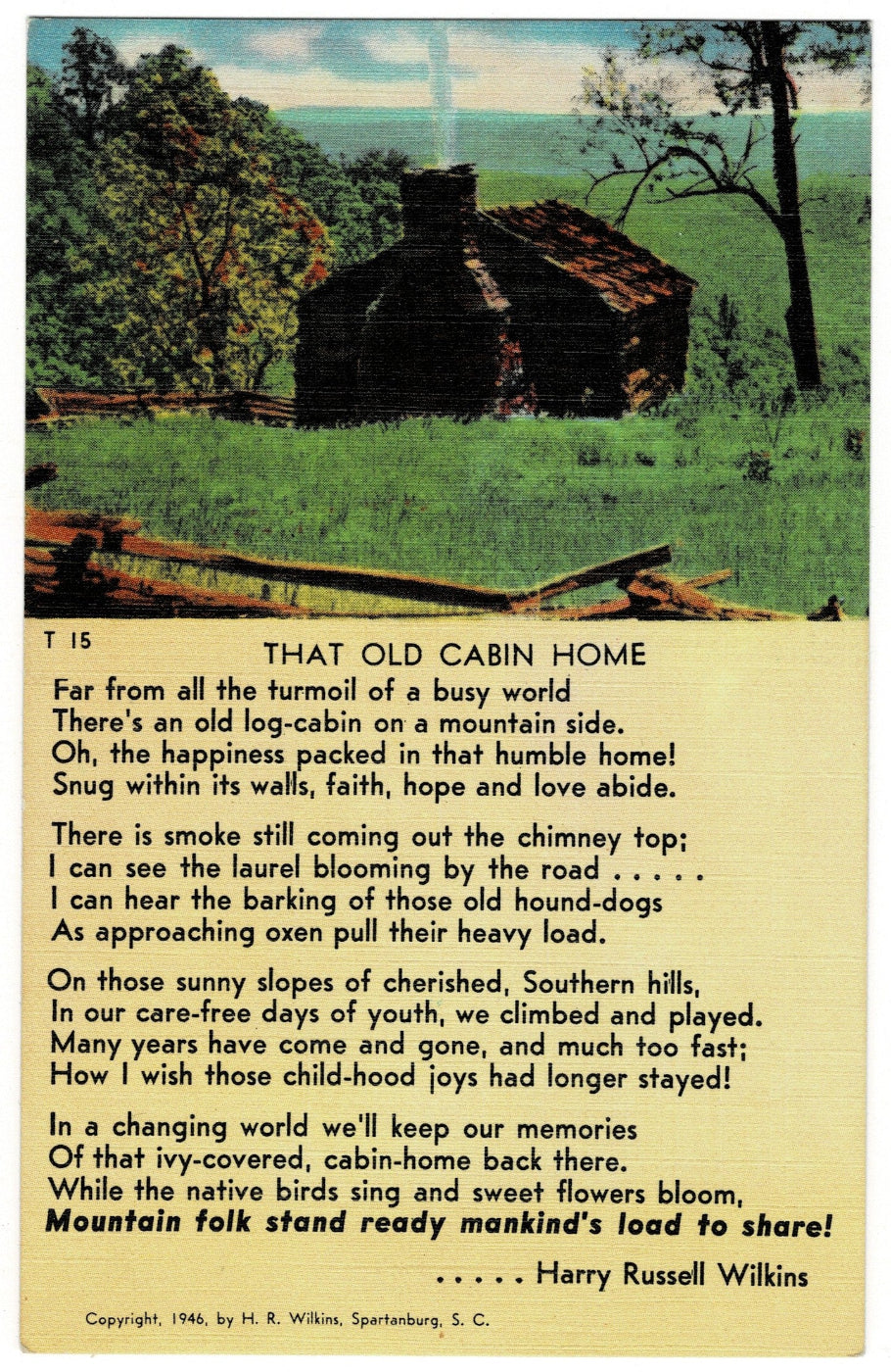 1940s Blue Ridge Cabin Spartanburg South Carolina Vintage Postcard.