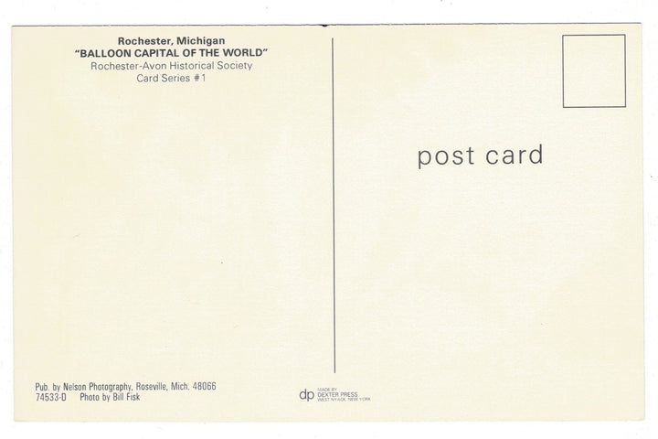 1970s Hot Air Balloon Festival in Rochester, Michigan Vintage Postcard, back view.