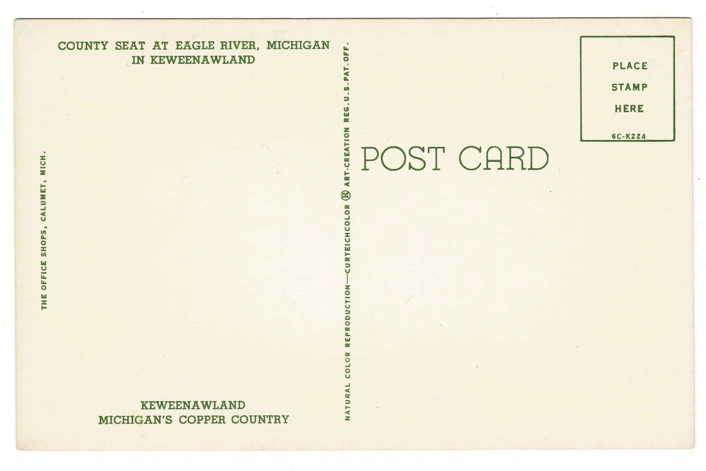 1956 Keweenaw County Courthouse Eagle River, Michigan Vintage Postcard, back view.