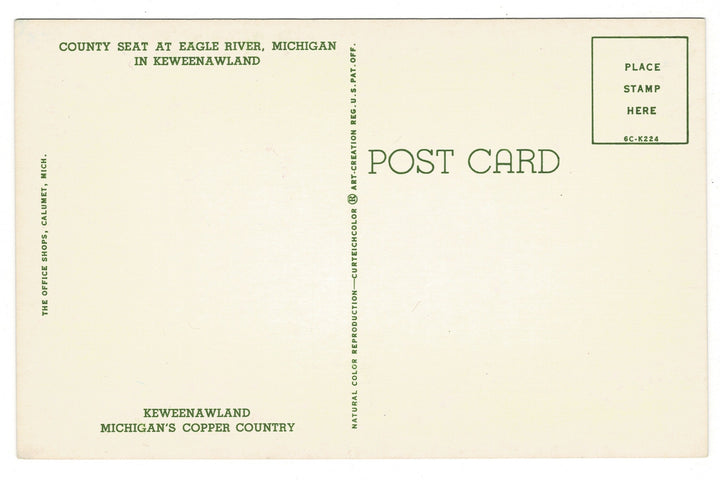1956 Keweenaw County Courthouse Eagle River, Michigan Vintage Postcard, back view.
