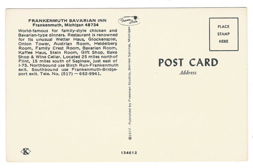 1977 Frankenmuth Bavarian Inn, Michigan Vintage Postcard, back view.