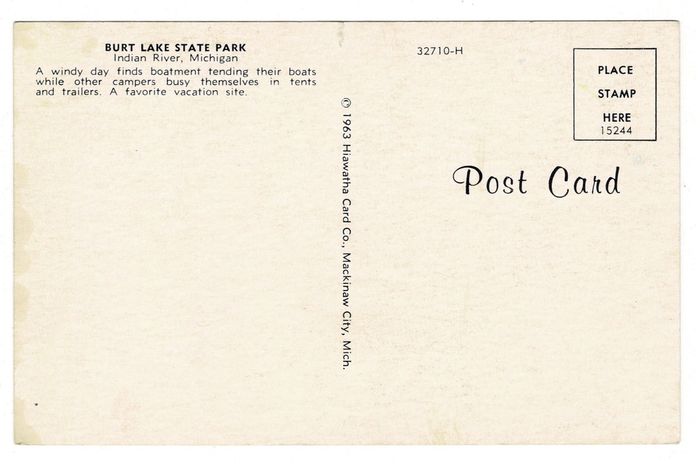 1963 Burt Lake State Park in Indian River, Michigan Vintage Postcard, back vew.