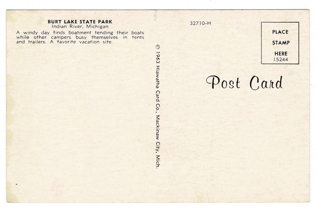 1963 Burt Lake State Park in Indian River, Michigan Vintage Postcard, back vew.