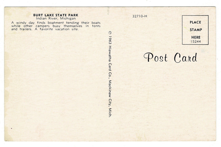 1963 Burt Lake State Park in Indian River, Michigan Vintage Postcard, back vew.