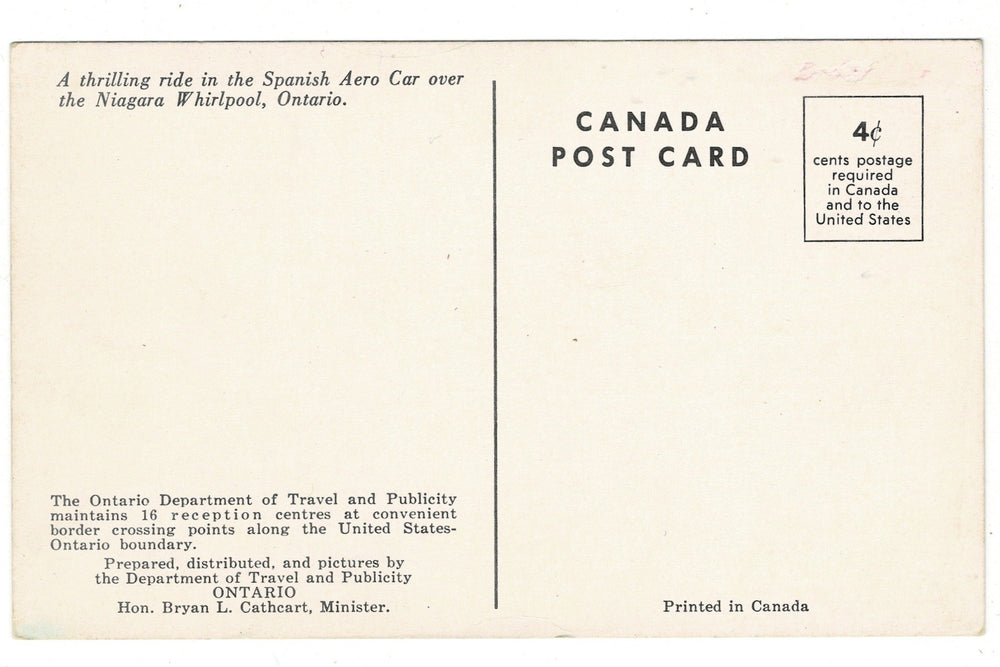 1950s Cable Car Ride Over Niagara Falls Whirlpool Vintage Postcard, back view.