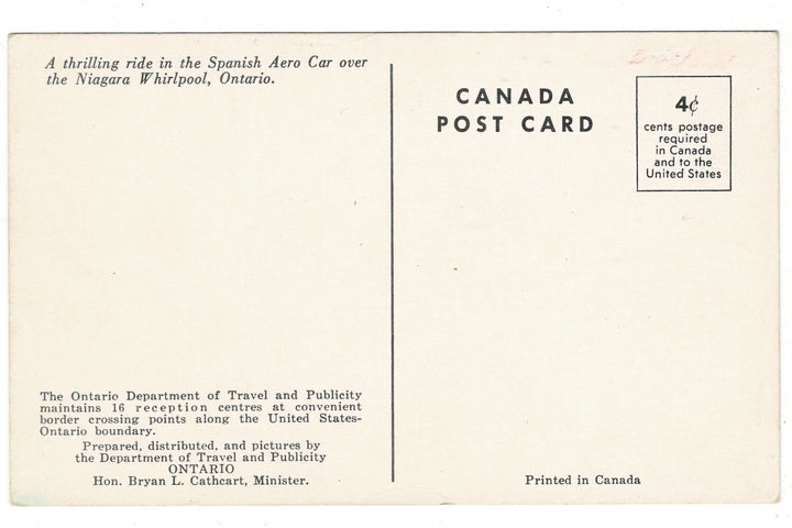 1950s Cable Car Ride Over Niagara Falls Whirlpool Vintage Postcard, back view.