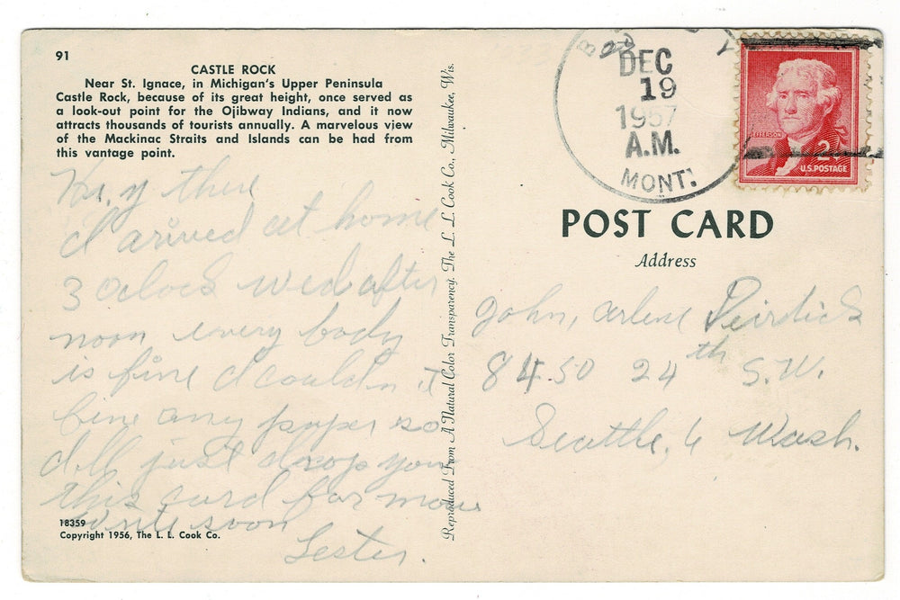  1957 Castle Rock, St. Ignace, Michigan Vintage Postcard, back view.