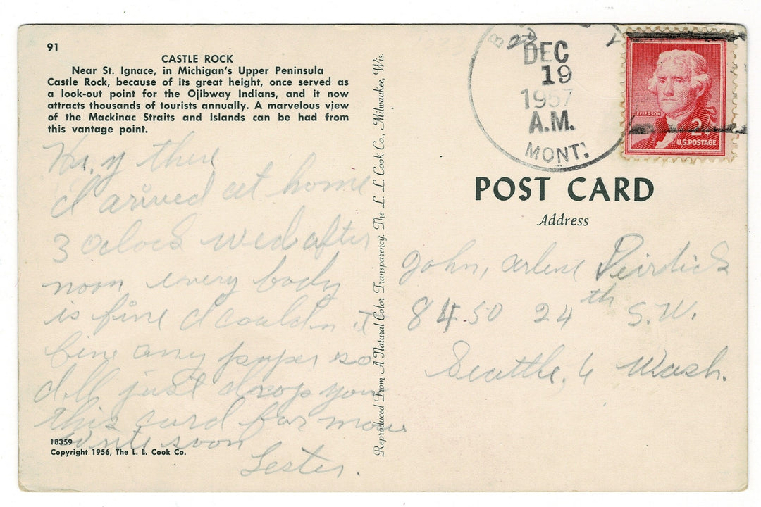  1957 Castle Rock, St. Ignace, Michigan Vintage Postcard, back view.