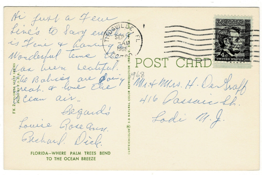 1960s Florida Beach Bliss vintage Postcard, back view.