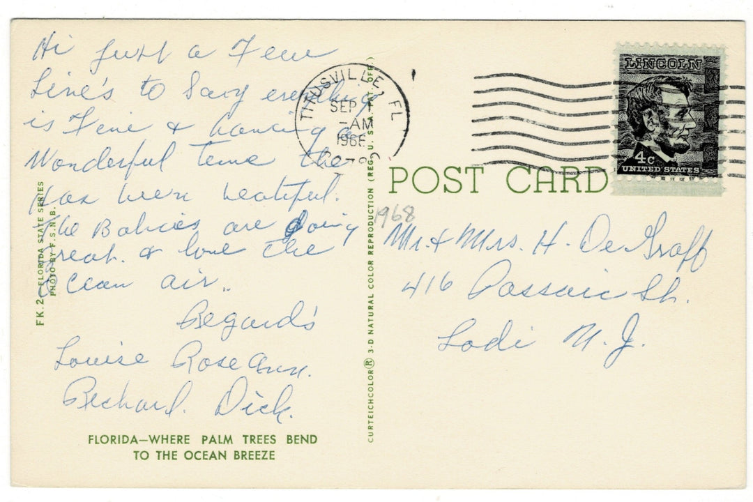1960s Florida Beach Bliss vintage Postcard, back view.