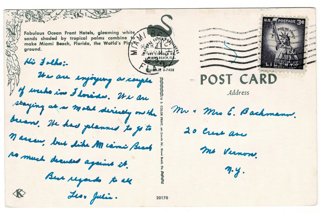 1958 Miami Beach Florida Vintage Postcard, back.