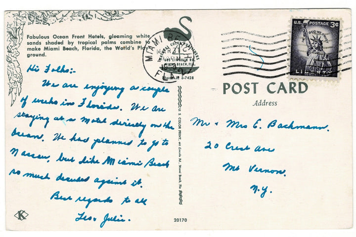 1958 Miami Beach Florida Vintage Postcard, back.