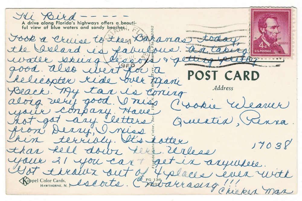 1966 Classic Car Along Palm-Lined Coast, Florida Vintage Postcard, back.