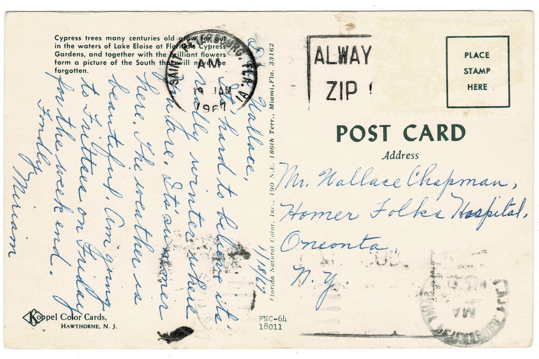 1967 Lake Eloise at Cypress Gardens, Florida Vintage Postcard, back.