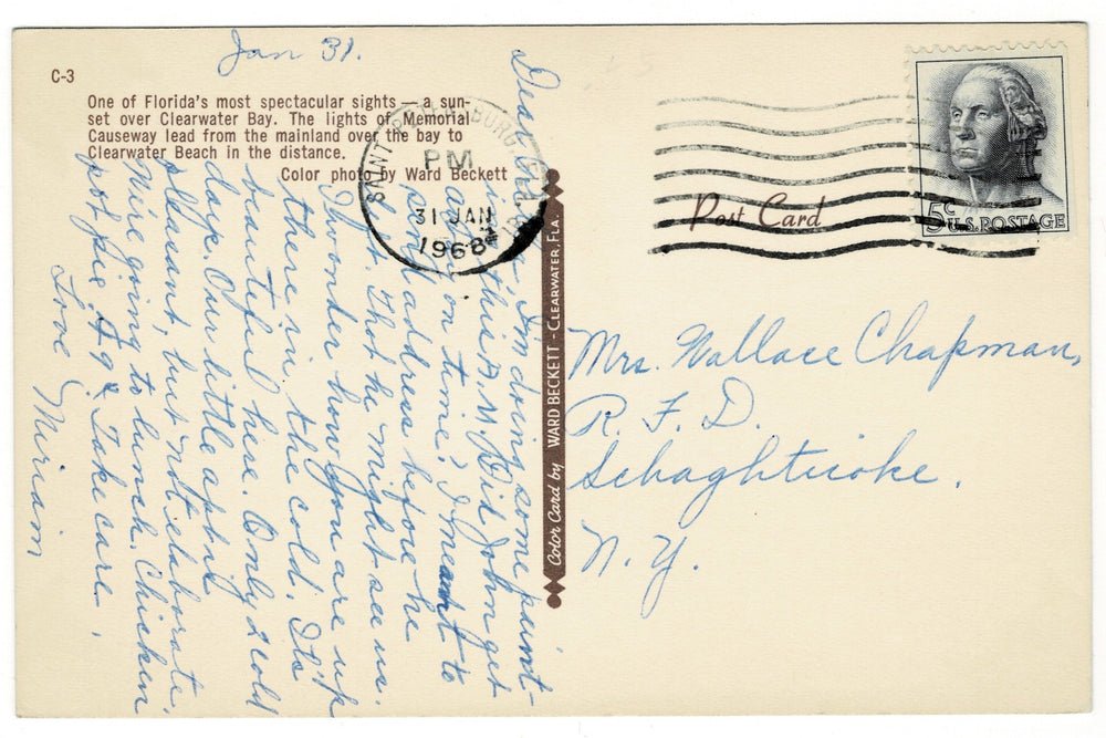 1968 Florida Clearwater Bay Sunset Memorial Causeway Vintage Postcard, back.