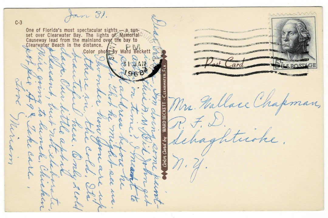 1968 Florida Clearwater Bay Sunset Memorial Causeway Vintage Postcard, back.