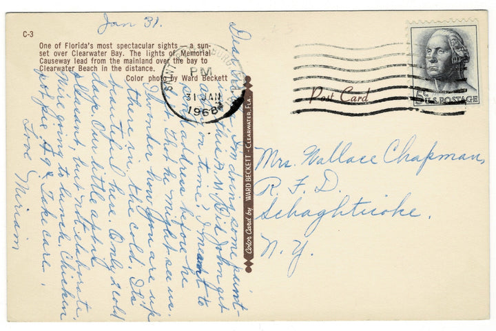 1968 Florida Clearwater Bay Sunset Memorial Causeway Vintage Postcard, back.