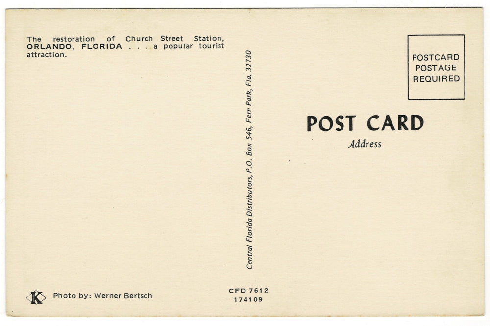  1970s Church Street Station Orlando Florida Vintage Railroad Postcard, back.