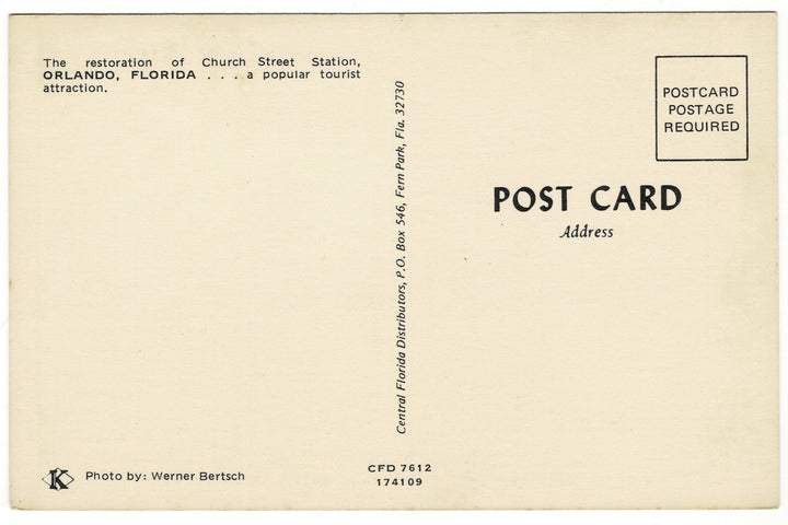 1970s Church Street Station Orlando Florida Vintage Railroad Postcard, back.
